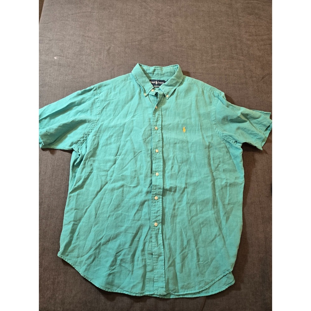 Polo Ralph Lauren Mens XL Silk Linen Shirt Teal Green Classic Fit Short Sleeve